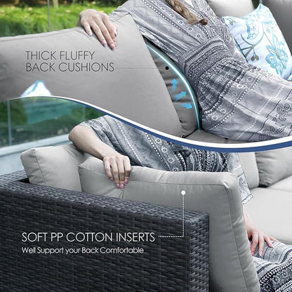 NICESOUL 9 Piece Outdoor Patio Sofa Set with Fireplace Natural Gas/Propane, 29.3'' High Back Comfy Sectional, Oversized Deep Seating Wicker Conversation, XL Big Outside Furniture for Backyard, Gray