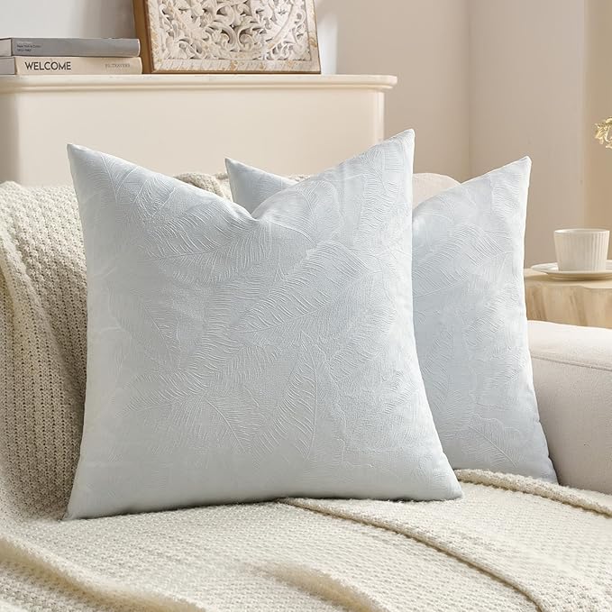 FUTEI Light Blue Velvet Throw Pillow Covers 16x16 Inch Set of 2,Soft Embossed Leaf-Relief Textured Cushion Cases,Natural Home Decor for Couch Living Room