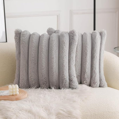 Neelvin Grey Faux Fur Cozy Soft Striped Decorative Throw Pillow Covers 16x16 inch Set of 2,Velvet Pillowcase Cushion Case for Sofa Couch