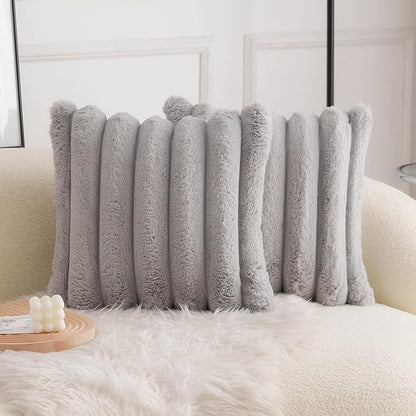 Neelvin Grey Faux Fur Cozy Soft Striped Decorative Throw Pillow Covers 24x24 inch Set of 2,Velvet Pillowcase Cushion Case for Sofa Couch