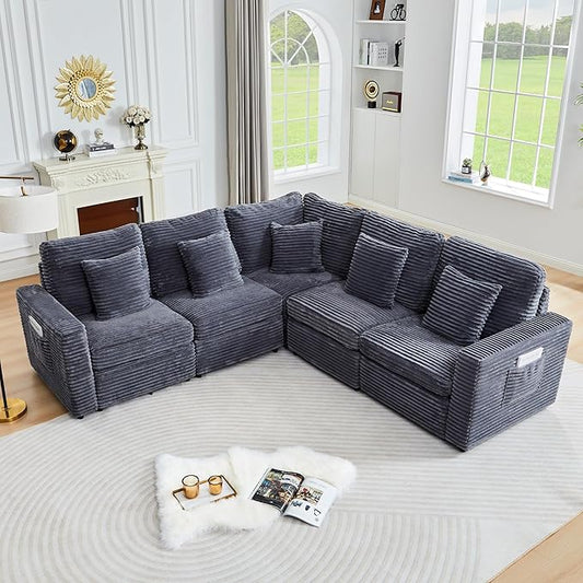 Oversized Corner Modular Sectional Sofa, L Shape Plush Corduroy Fluffy Sectional Couch with Pillows, 5 Seat Modular Sofa with Deep Seat for Living Room-Blue Grey