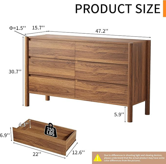Dresser for Bedroom with 6 Drawers,47" Wide Walnut Dresser with 4 Solid Wood Legs, Wooden TV Stand,Closet Clothes Organizer for Bedroom, Hallway