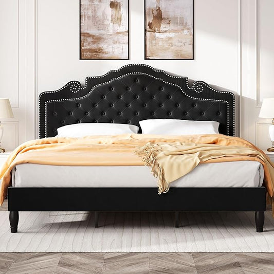SHA CERLIN King Size Platfrom Bed Frame with Adjustable Headboard/Velvet Upholstered Diamond Button Tufted and Metal Studs/No Box Spring Needed/Easy Assembly/Wooden Slat Support/Black