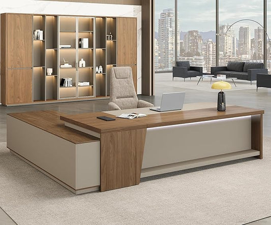 L-Shaped Executive Desk with Lockable Drawers – 79" Modern Large Executive Office Desk with LED, Lateral File Cabinet, Built-In Cable Box, Privacy Panel & Storage Shelves for Home or Business, Right