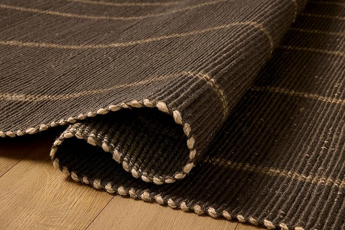 Loloi Leanne Ford Weatherstaff Collection WTS-01 Espresso/Natural 2'-6" x 7'-6" Runner Rug Jute, Striped, Neutral, Hallway, Kitchen, Mudroom, and Bathroom