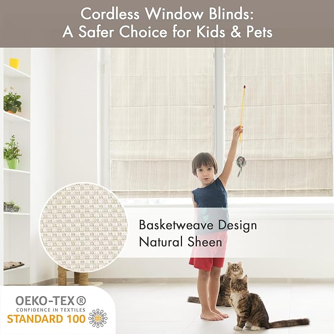 Madison Park Galen Cordless Roman Shade, 31"W x 64"H, Sheen Ivory – Room Darkening, Thermal Insulated, Energy Efficient Window Blind with Subtle Sheen Basketweave Fabric for Privacy