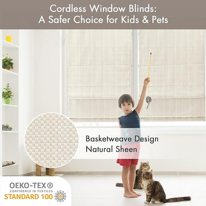 Madison Park Galen Cordless Roman Shade, 34"W x 64"H, Sheen Ivory – Room Darkening, Thermal Insulated, Energy Efficient Window Blind with Subtle Sheen Basketweave Fabric for Privacy