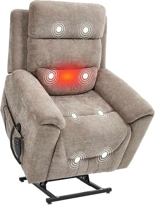PELUMY Power Lift Recliner Chair for Elderly with Massage and Heat, Dual Motor Heavy Duty 350lbs Recliner, 8-Point Vibration & Lumbar Heating, Electric Lift Chair (Chenille, Khaki)