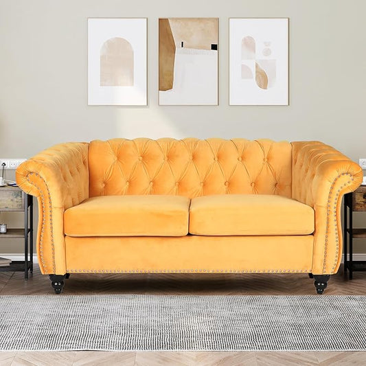 Velvet Loveseat Sofa, Mid Century Modern Upholstered Couch, 62" Oversized Comfy 2 Seater Love Seat Couch with Cushions, Tufted Chesterfield Sofa for Living Room, Bedroom, Apartment (Yellow)