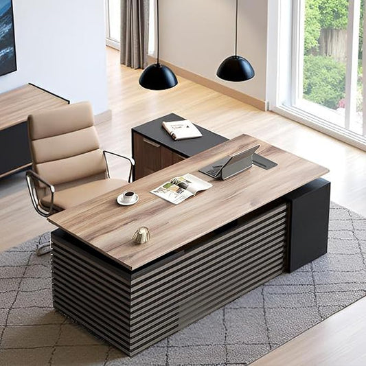 78.74" L Shaped Standing Executive Desk and 63" lateral File Cabinet, Large Adjustable Heigh Office Computer Desk with 3 Drawers,2.3" Desktop,Business Workstation,Black and Warm Oak