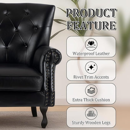 Modern Accent Chair Set of 2, Mid-Century PU Leather Armchair with Solid Wood Legs, Single Sofa Chair for Living Room, Bedroom, Leisure Room, or Reading Room(Black)