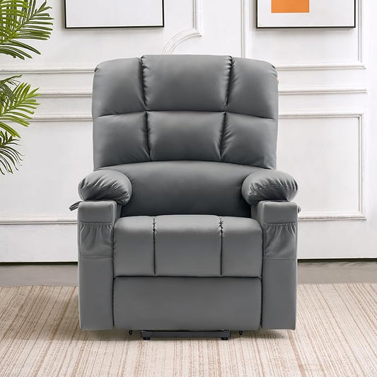 MCombo Medium Lay Flat Dual Motor Power Lift Recliner Chair Sofa with Massage and Heat for Elderly People, Infinite Position, Faux Leather 7679 (Dark Grey, Medium)
