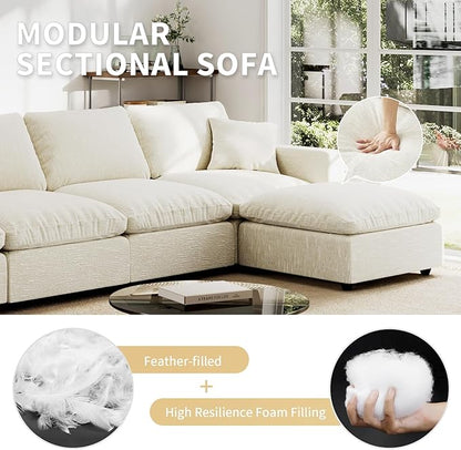 Modern Sectional Linen Cloud Couch for Living Room Loveseat Modular Filled-Down Sofas, Detachable Couch Cushion Covers,Cozy Feather Down Sofa for Apartment Beige