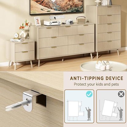 CARPETNAL Fluted 7 Drawer Dresser for Bedroom, 55" Wide Wooden Chest of Drawers with Rounded Corners, Gold Handles, Modern Storage Organizer for Bedroom, Hallway(Beige)