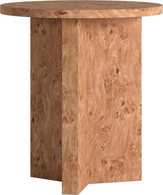 Henn&Hart 20" Scandinavian Round Wooden End Table, Side Table, Nightstand with X-Base for Living Room, Office, Family Room, or Bedroom, Honey Burl