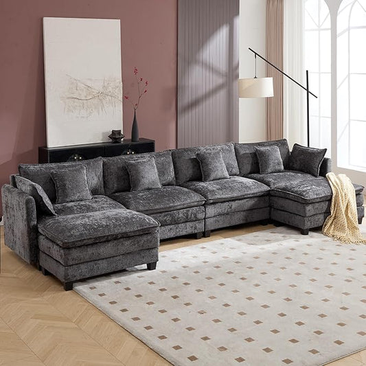 Plush Modular Cloud Sofa Set with Ottoman | L/U-Shaped Deep Seating Chenille Sectional for Family Living Room