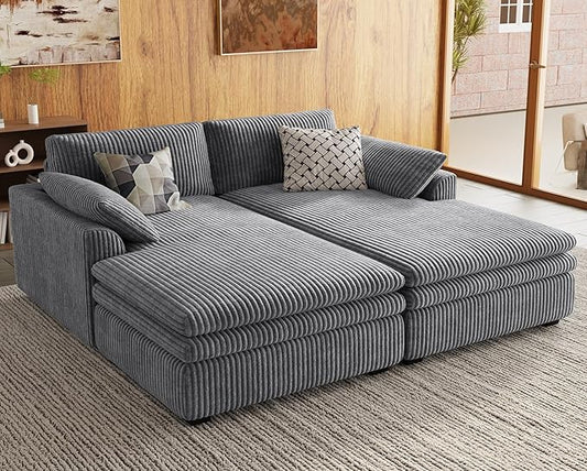 Belffin Large Modular Sectional Sofa with Deep Chaise, 73.6" Corduroy L Shaped Couch with 9" Soft Dual-Layer Seats Cushion for Living Room, Apartment, Light Grey
