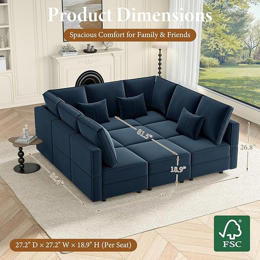Vesgantti Modular Sofa Bed with Storage, 92" Sleeper Sofas with 9 Seats Storage Chaises Removeble Cover, Luxury Large Velvet Sectional Couch Set for Living Room, Apartment, Home Theatre, Blue