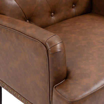 Pia Ricco PU Leather Accent Chair: Modern Nailhead Trim Armchair with Wooden Legs - Upholstered Reading Seat for Office, Living Room, Bedroom-Brown