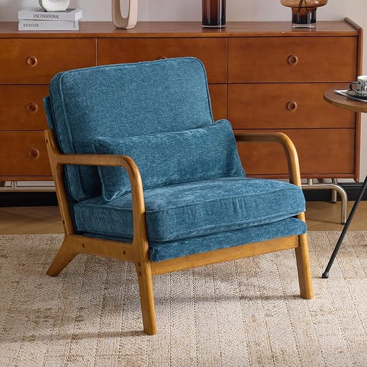 Karl home Mid Century Modern Accent Chair with Lumbar Pillow & Oak Arms – Plush Chenille Living Room Chair for Bedroom, Lounge (Blue)
