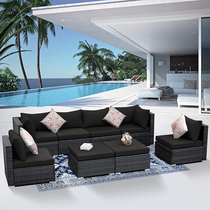 NICESOUL 8 Piece Outdoor Patio Set, 29.3'' High Back Extra Large Wicker Patio Furniture, Deep Seating Comfy L Shaped Modular Sectional Set of 8, Modern Wide Conversation, 2 Color Cushion Black & Gray