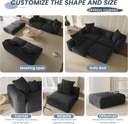 Oversized Modular Sectional Sofa with Ottomans,6 Seater Corduroy V Shaped Reversible Corner Couch,141.73" Convertible Sofa & Couch Free Combination for Living Rooom,Black