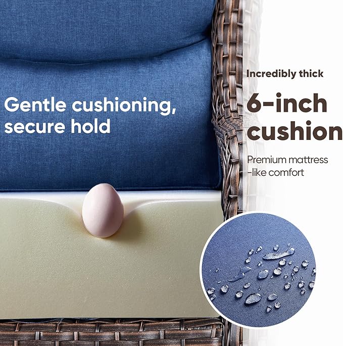 Swivel Patio Chairs sofa Set of 4 with 6" Thick Cushion - Wicker Outdoor Swivel Rocker Patio Chair with Side Table, High Back Comfortable Outdoor Glider Chairs - Brown Wicker | Blue Cushions