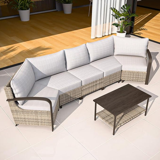 COOS BAY Aurora Terrace Half-Moon Outdoor Furniture Set, Rattan Conversation Set with Curved 5-Seat Sofa, Coffee Table, Seats 5, Beige/Beige