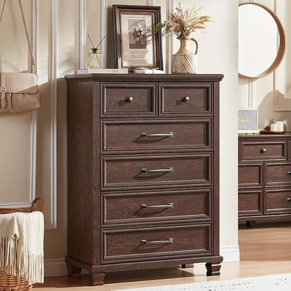 Farmhouse Bedroom Dresser and Nightstand Set of 4, 6 Drawer Tall & 5 Drawers Dresser & 2 Drawer Nightstand Set, Rustic Wood Bedroom Furniture Set for Livingroom, Hallway, Walnut