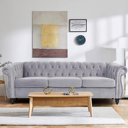 Home Sofa Living Room Furniture, 3 Seater 84" Velvet Upholstered Couch, Mid Century Modern Comfy Couch with Cushions, Classic Tufted Chesterfield Couches for Bedroom, Office, Apartment (Grey)