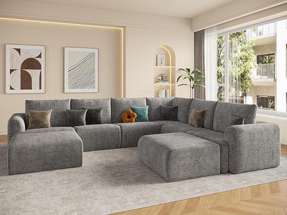 EASE MOOSE Oversized Sectional Cloud Couch, 8-Seat Modular Couch Set, Corner V-Shaped Deep-Seat Boneless Sofa, No-Assembly Chenille Sofa for Living Room, Light Grey