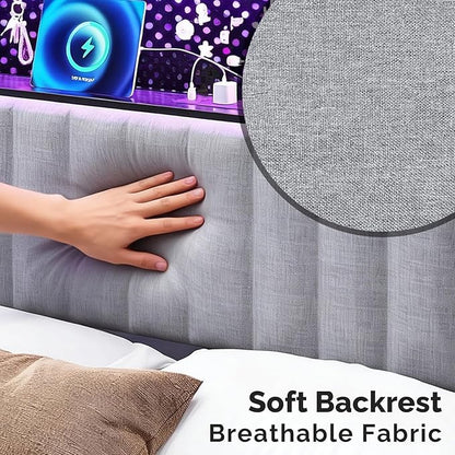VINGLI King Size Headboard Only, Adjustable Upholstered Headboard with 2 Tier Shelves and Pegboard with Charging Stations and LED Lights, Modern Bed Headboard with Storage for Bedroom Decor
