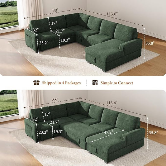 Vesgantti 113.6" Modular Sectional Sofa with Pull Out Couch Bed, 7 Seater U Shaped Sleeper Sofa with Storage Chaise, Chenille Sectional Couch for Living Room, Bedroom, Apartment, Green