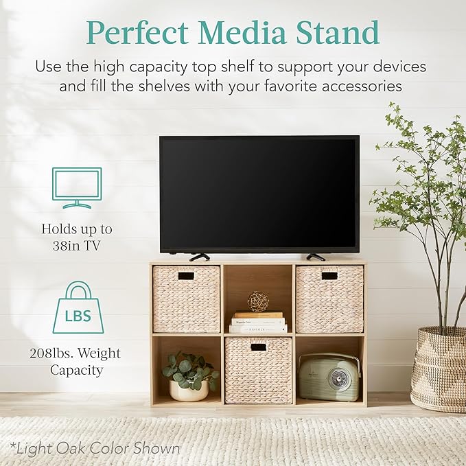 Best Choice Products 6-Cube Storage Organizer, 13.5in Shelf Opening, Bookcase, Display Shelf, Customizable w/ 3 Removable Back Panels – Light Oak