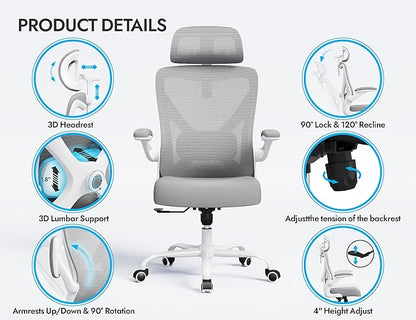 Ergonomic Office Chair: White Computer Desk Chair Comfy Gaming Chair for Adults - Office Chair with Lumbar Support & Headrest - Executive Office Rolling Chairs for Home Work (Grey)