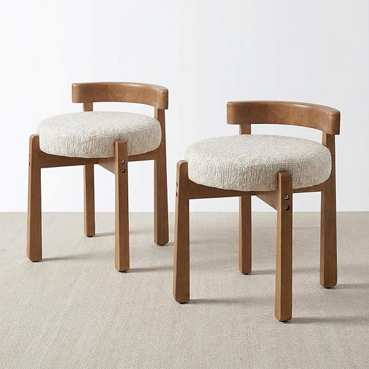 HNY Modern Chenille Vanity Chairs & Ottoman Set of 2 Upholstered Round Seat with Solid Wood Legs, for Makeup Dressing, Living Room Footrest or Piano Bench, Beige