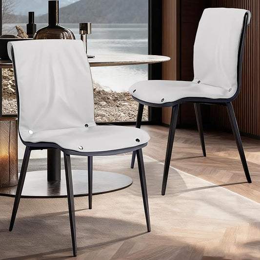 Dining Chair Set Of 2 White Kitchen Dining Room Chairs Comfortable Upholstered Faux Leather Chair Set Sturdy Metal Legs Comfy Back Armless Cushion Seat Non-slip Foot Pads For Restaurant Living Room