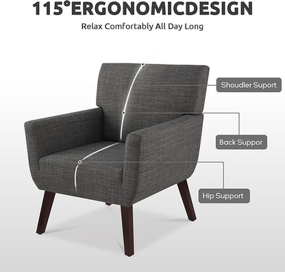 Upholstered Accent Chair,Mid Century Modern Linen Fabric Living Room Chair with Arm,Comfy Wingback Club Armchair for Bedroom Reading Dark Grey