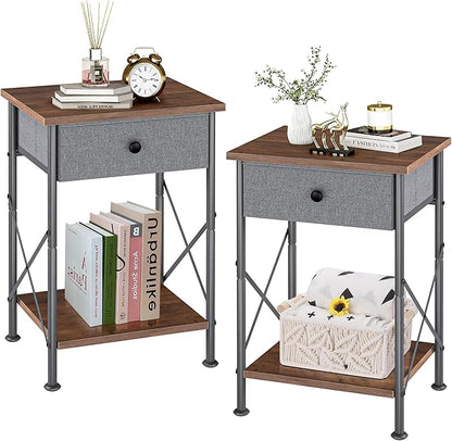 VECELO End Tables, Modern Nightstand with Fabric Drawer & Open Shelf, Night Stand for Bedroom Living Room, Industrial Metal Frame, Easy Assembly, Retro Brown,2 Pack