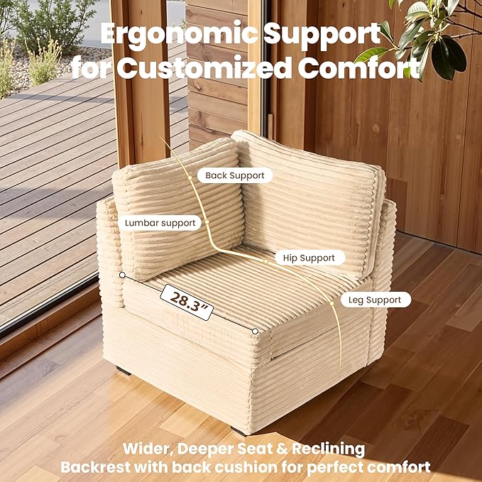 32.7'' Corner Seat for Modular Sectional Sofa, Deep Seat Upholstered Convertible Sleeper Sofas, L/U/V Shaped Plush Corduroy Cloud Couch for Living Room Apartment, Beige