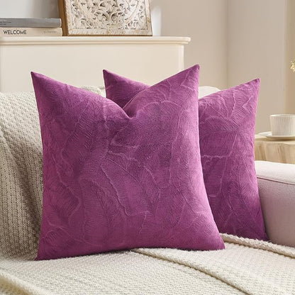 FUTEI Purple Velvet Throw Pillow Covers 16x16 Inch Set of 2,Soft Embossed Leaf-Relief Textured Cushion Cases,Natural Home Decor for Couch Living Room
