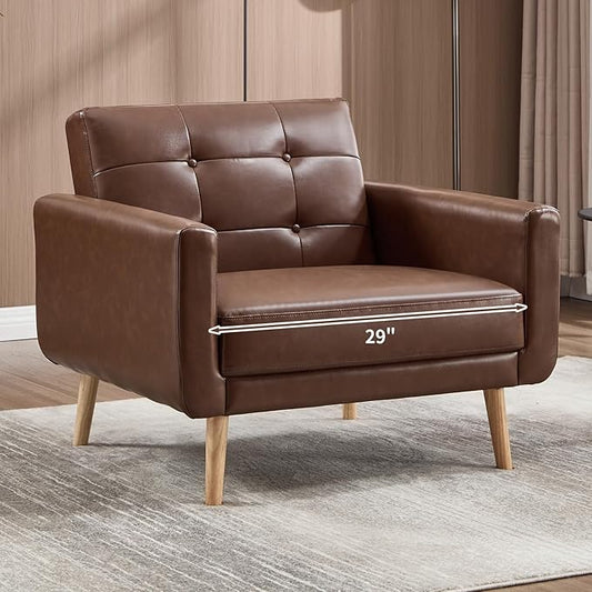 CANMOV 29" W Oversized Leather Accent Chair, Armchair Button Back, Mid Century Modern Accent Chairs for Living Room, Modern Upholstered Bed Room Chair Cozy Armchair with Wood Legs, Brown