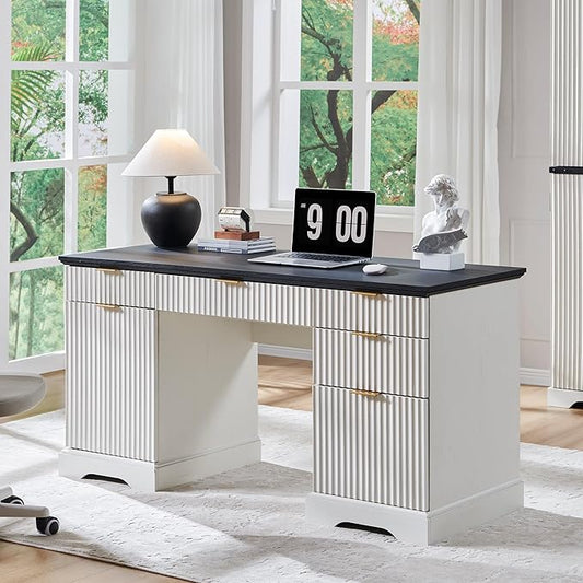 JXQTLINGMU 58" Modern Executive Desk with Storage, Wood Home Office Desk with 5 Drawers & 1 Cabinet, Fluted Computer Writing Desk for Study, Living Room, Bedroom, Antique White