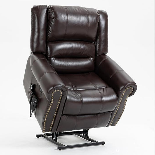 Luxlen Power Lift Recliner Chair for Elderly, Dual Motor Massage Recliner with Lumbar Heat, Heavy Duty Motion Mechanism Lift Chair with Charge Ports, Faux Leather - Antique Brown