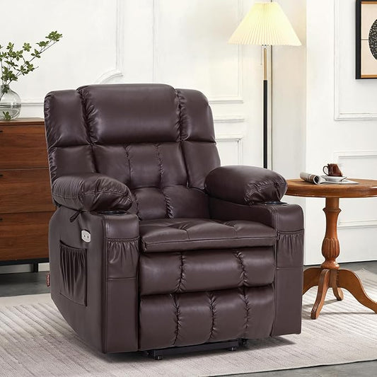 MCombo Dual Motor Small Power Lift Recliner Chair for Elderly, Lay Flat Lift Chair with Heat and Massage, Petite Lift Chair, Cup Holders, Faux Leather 7893 (Dark Brown, Small)