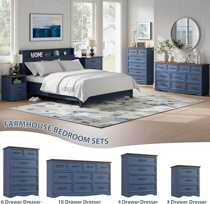 Blue Nightstand with Charging Station, Farmhouse End Table with 2 Drawers, Bedside Table with Space-Saving Storage Cabinet, Unique Base Design for Bedroom, Living Room