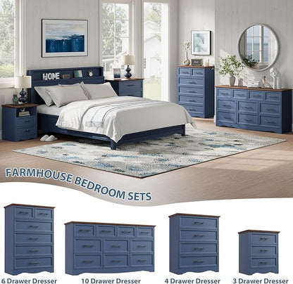 Blue Nightstand with Charging Station, Farmhouse End Table with 2 Drawers, Bedside Table with Space-Saving Storage Cabinet, Unique Base Design for Bedroom, Living Room
