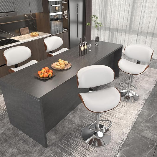 Bar Stools Set of 4, Bar Stools for Kitchen Island with Bentwood Back and Leather Seat, Swivel Barstools for Kitchen Counter, Bar, White