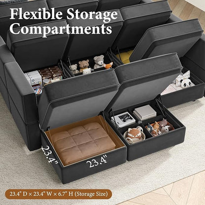 Vesgantti Sectional Sleeper Sofas with Storage, 92" Sofa Bed with 6 Seats Storage Chaises Removeble Cover, Deep Seat Modular Couches Velvet Couch Set for Living Room, Apartment, Home Theatre, Gray