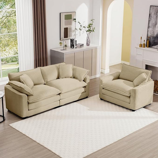 mikibama Luxury 2 Piece Sofa Set, Loveseat Couch & Sofa Armchair Set, Modern Corduroy Comfy Cloud Couches Set for Living Room Office with 2 Armrest Pillows and 3 Toss Pillows, Camel